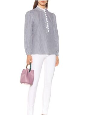Tory Burch Blue White Stripe Cotton Lace Shirt Size 12